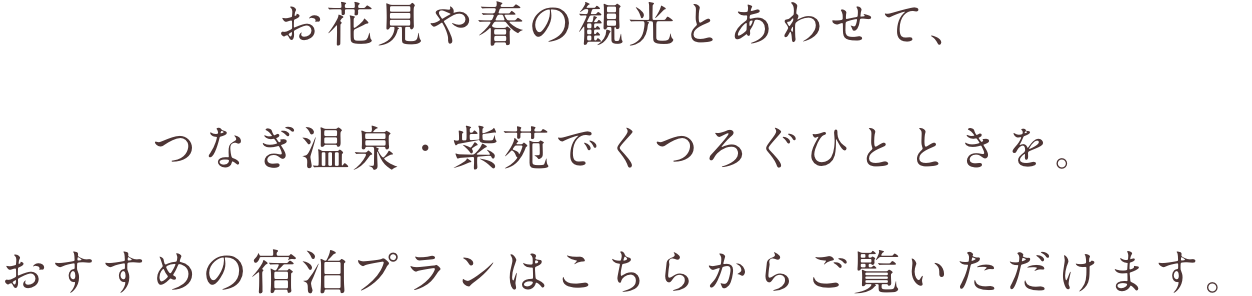 お花見や春の観光とあわせて、つなぎ温泉でくつろぐひとときを。おすすめの宿泊プランはこちらからご覧いただけます。
